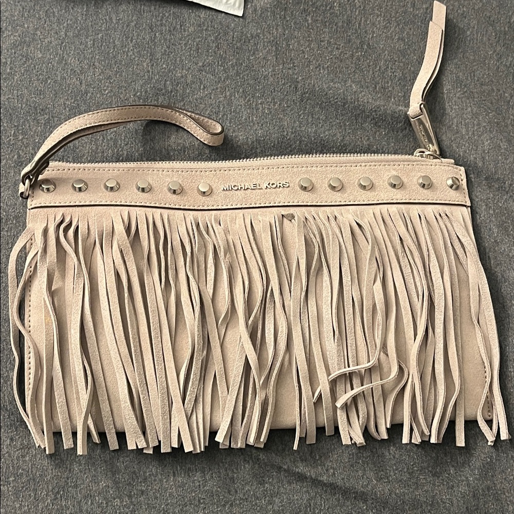 Michael Kors Taupe Fringe Wristlet Clutch